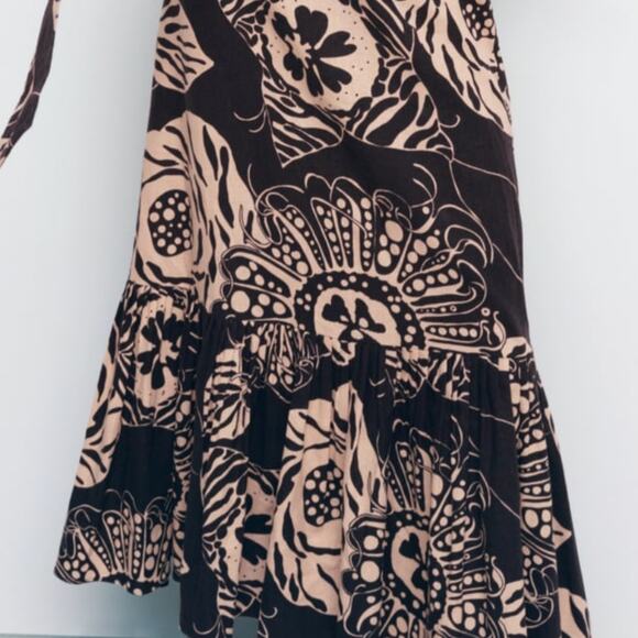 ZARA Printed Linen Blend Wrap Top & Maxi Skirt Ruffles Brown & Cream Size XS - Picture 9 of 11